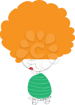 A one-eyed cute little cartoon kid has thick and lots of hair dyed in orange color is wearing a green-colored costume vector color drawing or illustration 