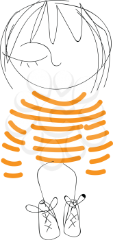 Art of a one-eyed cute little cartoon girl dressed in her orange striped dress vector color drawing or illustration 