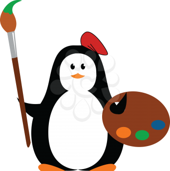 Cartoon picture of a cute little penguin disguised as a painter is holding a palette and brush in its right and left hands vector color drawing or illustration 