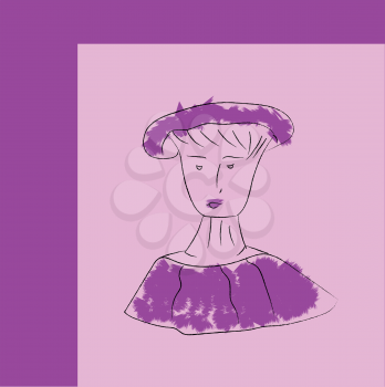 A thick purple-colored frame containing the painting of a fashionable lady in a purple-colored outfit vector color drawing or illustration 