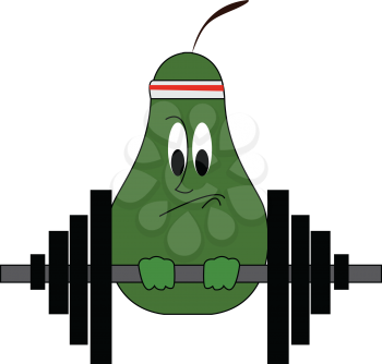 Cute-little pear fruit with all its efforts trying to lift weights at the gym is wearing a red and white striped bandana vector color drawing or illustration 