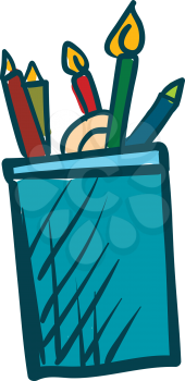 Painting of a blue-colored pencil case holding some sharpened and blunt color pencils vector color drawing or illustration 