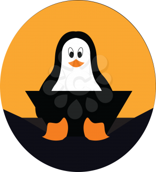 Cute little penguin with eyes down is busily working on a laptop at its lap over a beautiful landscape as the background vector color drawing or illustration 