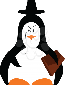 Cute penguin with its briefcase wearing a monocle carries a brown suitcase closer to its arms vector color drawing or illustration 