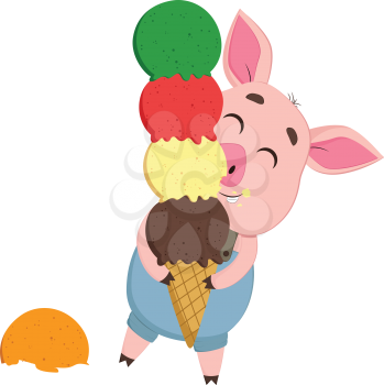 A cute little cartoon pig in blue costume enjoys a multi-layered colorful cone ice cream while his orange cap lies on the ground vector color drawing or illustration 