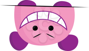 A crazy monster in pink and purple color wears a stylish bandana and has two horns and two ears vector color drawing or illustration 