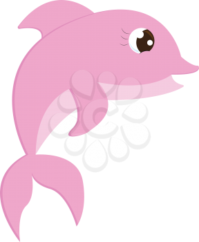 A cute little pink colored cartoon dolphin with an elongated beak streamlined body two fins that are curved back and a tail vector color drawing or illustration 