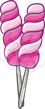 Two spiral-shaped pink-colored lollipops attached to two individual sticks loved by all children vector color drawing or illustration 