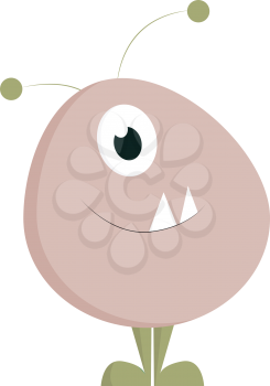 An oval-shaped cute-little pink monster with two horns one bulging eye and with two projecting fang teeth looks terrifying vector color drawing or illustration 