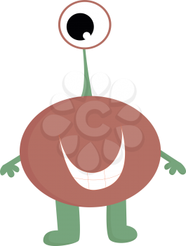 A pink-colored one-eyed cartoon monster with two hands and legs has a moon-shaped white design printed in its costume vector color drawing or illustration 