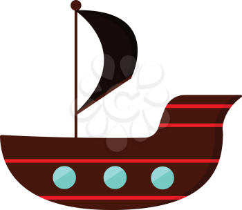 Clipart of a pirate's ship in brown and red stripes sails as a black flag hoisted vector color drawing or illustration 