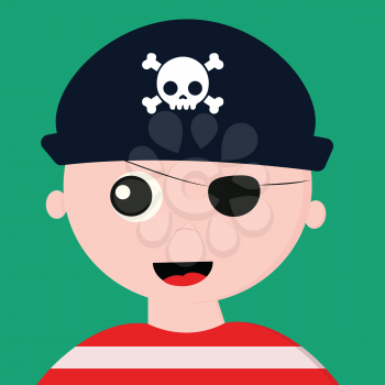 Cute face of a pirate in a red shirt with white longitudinal stripes has covered one of its eyes with patch and head with a blue cap that bears the head of a skeleton with bones is laughing vector color drawing or illustration 