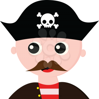 A handsome looking pirate dressed in a brown coat with yellow buttons over his red shirt with white longitudinal stripes has a long mustache and wears a blue cap that bears the head of a skeleton with bones vector color drawing or illustration 