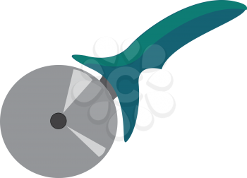 Pizza cutter with a silver wheel rotates in a circle while a person moves the cutter in a direction that they would like to cut the pizza and a blue-colored handle vector color drawing or illustration 