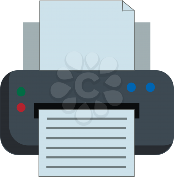 A grey-colored printer that applies pressure to an inked surface resting upon a print medium and transferring the ink provided with start and stop color buttons vector color drawing or illustration 