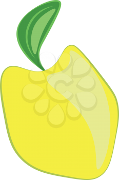 Cartoon of a yellow quince edible fruit with a fresh green leaf and eaten raw or cooked vector color drawing or illustration 