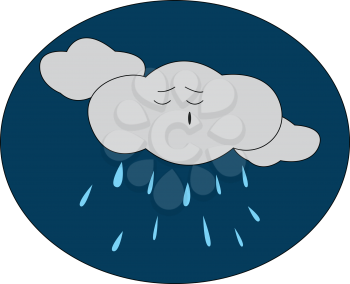 Cartoon of a rainy night with a grey-colored cloud among the other clouds dismayed while raining vector color drawing or illustration 