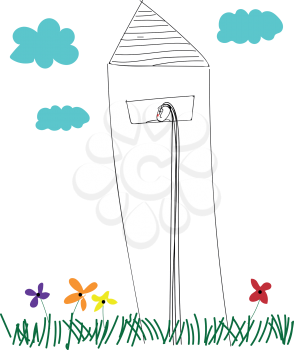Line art of a lighthouse erected above the grasslands with multi-colored flowers on a cloudy day vector color drawing or illustration 