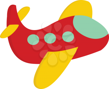 A cute little red airplane with yellow-colored wings blue-colored circular-shaped windows is at flight vector color drawing or illustration 