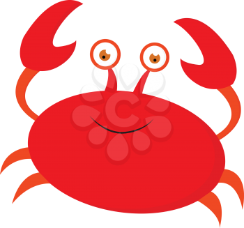 A smiling cute little red cartoon crab with two sharp pincers four walking legs and two bulging eyes is extremely happy vector color drawing or illustration 