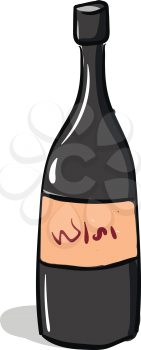 A cartoon red wine bottle with a white-colored exclamation mark has a label stuck to its body displays the type of wine it contains vector color drawing or illustration 
