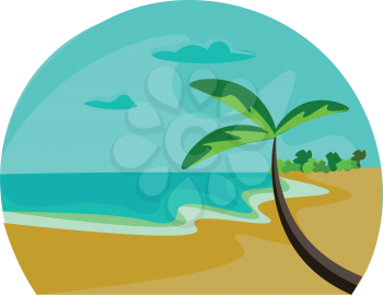 Hot sandy beach with coconut trees and a long coastline vector color drawing or illustration