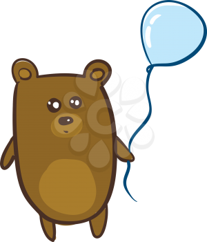A small cute bear holding a blue balloon in its hand vector color drawing or illustration