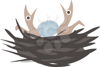 Beautiful bird nest with two cute chicks and one egg which is above to hatch vector color drawing or illustration