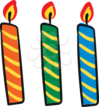 three glowing colorful birthday candles in orange green and blue color vector color drawing or illustration