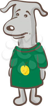 A dog in green-colored t-shirt has a yellow fruit printed in it is feels unhappy about something while standing vector color drawing or illustration 