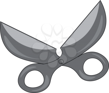 Big open scissors grey in color and possess a white button at the intersecting point of the two flat and sharp blades vector color drawing or illustration 