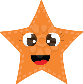 A cute little orange-colored five-pointed sea star has beautiful eyelashes and is laughing vector color drawing or illustration 