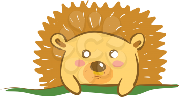 A shy brown-colored cartoon hedgehog brown in color with spiky hair is lying on a green grassland vector color drawing or illustration 