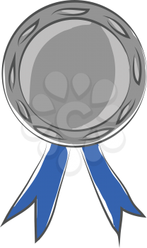 A silver cartoon medal with two blue ribbons engraved with some designs is waiting to commemorate a person place or event vector color drawing or illustration 