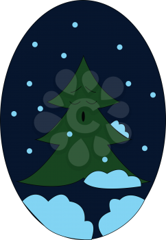 The portrait of a sleeping tree reaching high up the sky with clouds at night over dark blue background vector color drawing or illustration 