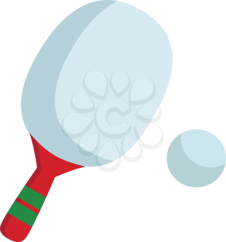 Table tennis ping pong white bat with red colored handle encompassed with two green bands and a white ball vector color drawing or illustration 