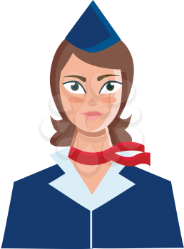 A woman employed to look after the passengers on a ship or aircraft in her blue uniform with a red scarf around her neck vector color drawing or illustration 