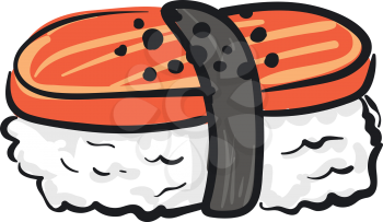 Clipart of multi-colored sushi in orange white and grey is a famous Japanese dish made from seasoned rice with fish egg or vegetables vector color drawing or illustration 
