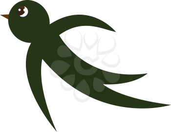 A small cartoon green-colored swallow bird with a bulging eye and a short brown bill has crescent-shaped wings at flight vector color drawing or illustration 