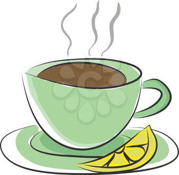 Green-colored cup and saucer with hot tea and a lemon slice is ready to be enjoyed by someone vector color drawing or illustration 