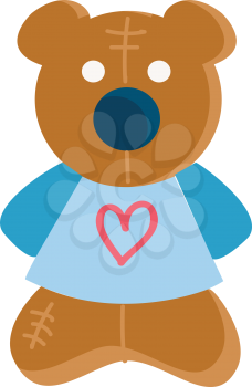 Clipart of a cute little teddy bear in blue costume is printed with a red heart at its center symbolize love vector color drawing or illustration 