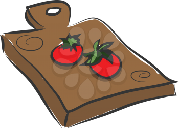 Clipart of two tomatoes over a wooden cutting pad rectangular in shape and with the proficiency to suspend on the nails or hooks of the wall vector color drawing or illustration 