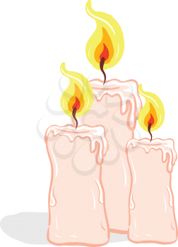 Three rose-colored candles glowing with a bright yellow flame vector color drawing or illustration 