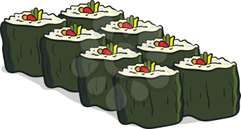 Clipart of eight sushi famous Japanese dish made from seasoned rice with vegetables arranged in two rows four in each vector color drawing or illustration 