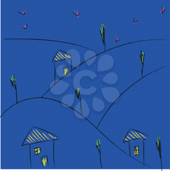 Line art of a village with few thatched houses and trees in the night over blue background vector color drawing or illustration 