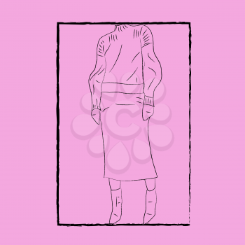 Line art of the body of a woman in winter clothes enclosed in a black rectangular frame vector color drawing or illustration 