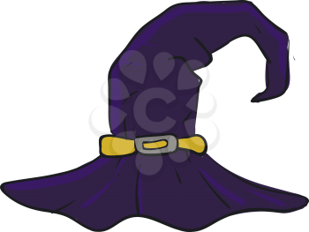 A violet-colored witch hat with a yellow-colored belt with a metal at the center encompassed around its base has a hook-shaped end vector color drawing or illustration 