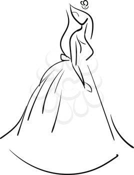 Line art of a bride with face turned left wears a long gown formfitting at the top and flowing at the bottom while walking vector color drawing or illustration 