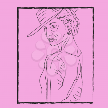 Line art of a woman wearing a stylish hat faced to her left wears flower-shaped earrings enclosed in a black rectangular frame vector color drawing or illustration 
