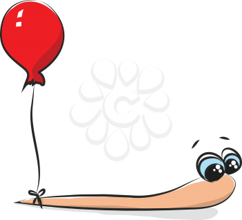 The string of a red balloon tied to the tail of a peach-colored worm with bulging eyes vector color drawing or illustration 
